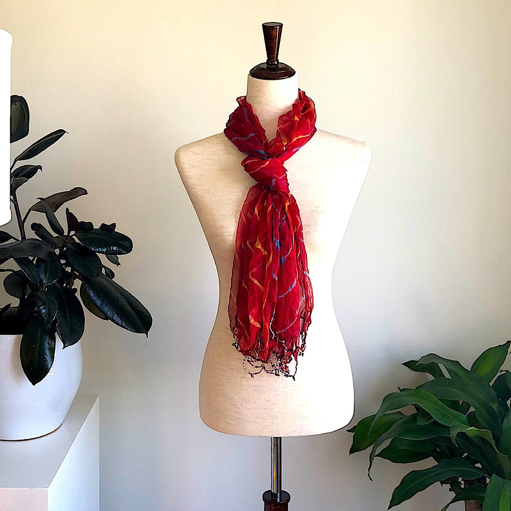 Red 100% Silk Beaded Scarf 🧣